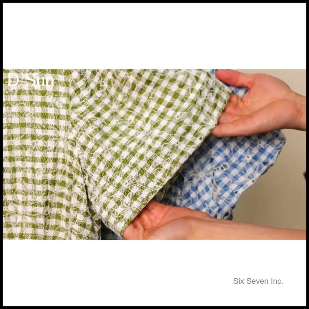 Short Sleeve Pleated Mini Shirt Dress with Embroidered Gingham Fabric - Picture 7 of 7